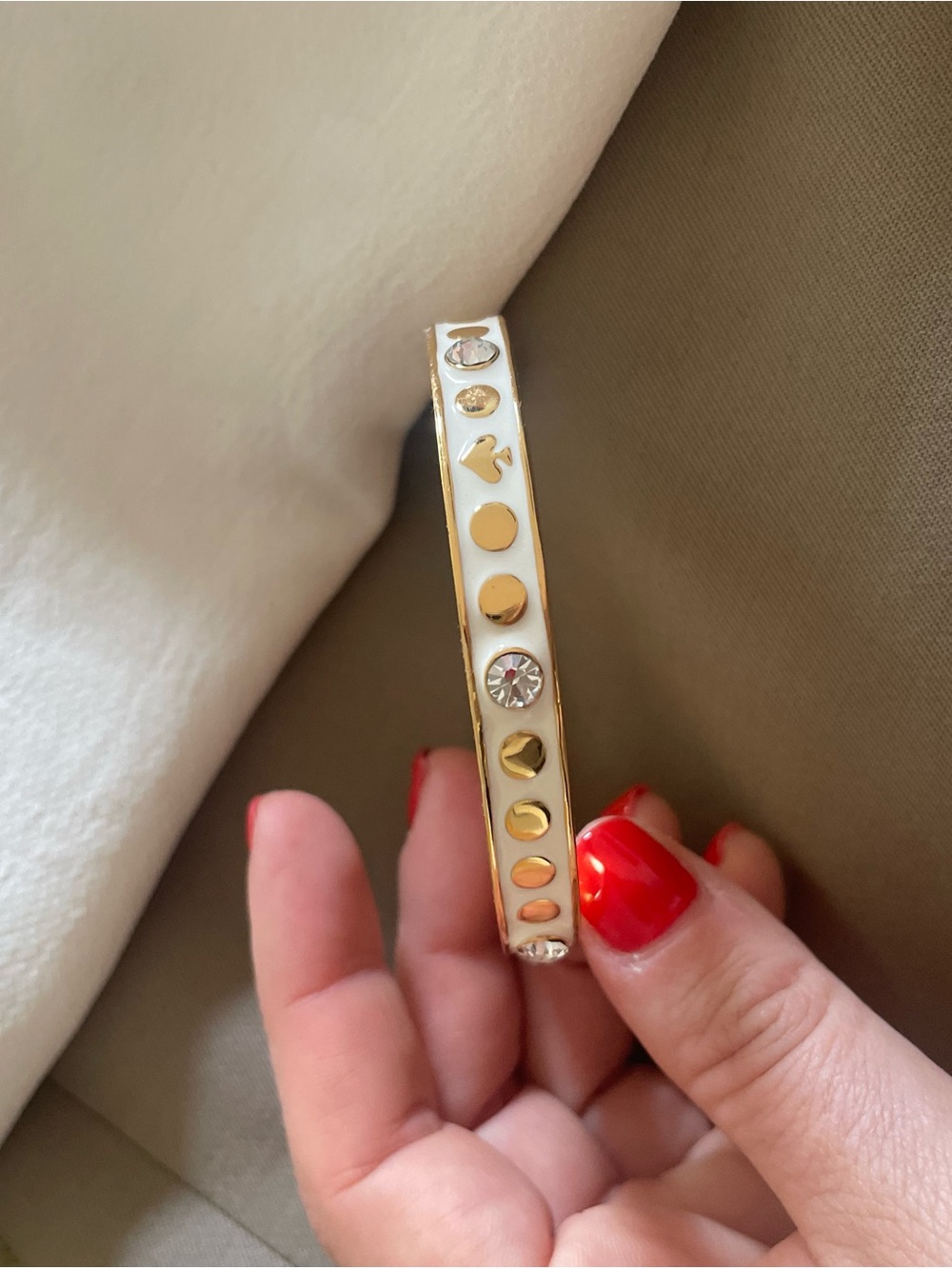 kate spade White Enamel and Gold-Tone Studded Bangle with Crystal Accents
